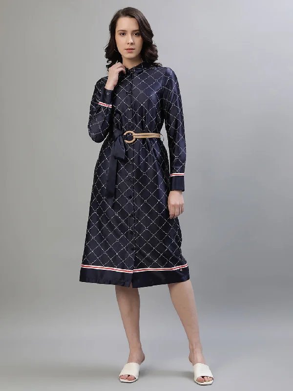 Savings You Can’t Ignore!Iconic Women Navy Blue Printed Spread Collar Full Sleeves Dress