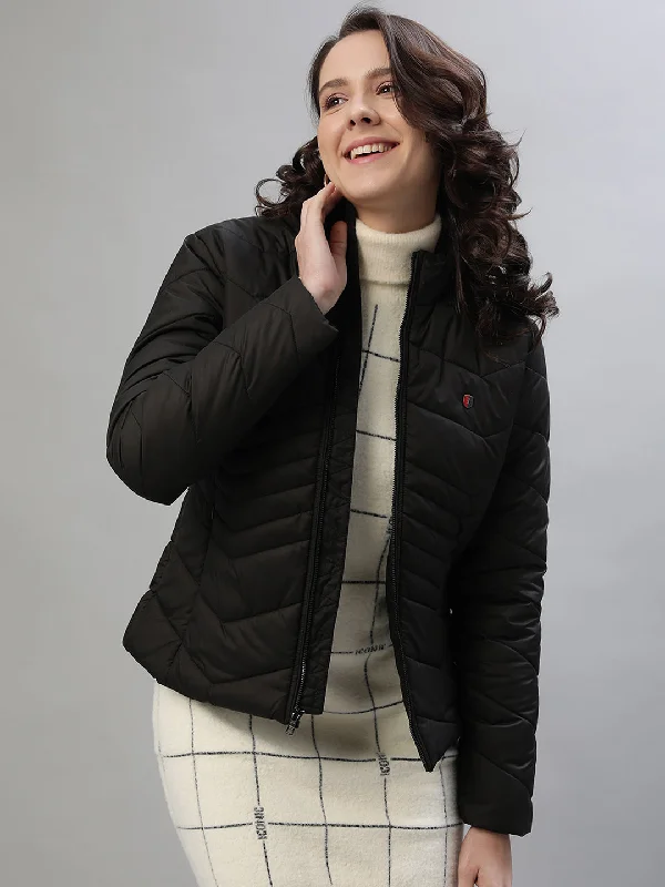Lowest Prices Guaranteed!Iconic Women Black Solid Stand Collar Full Sleeves Jacket