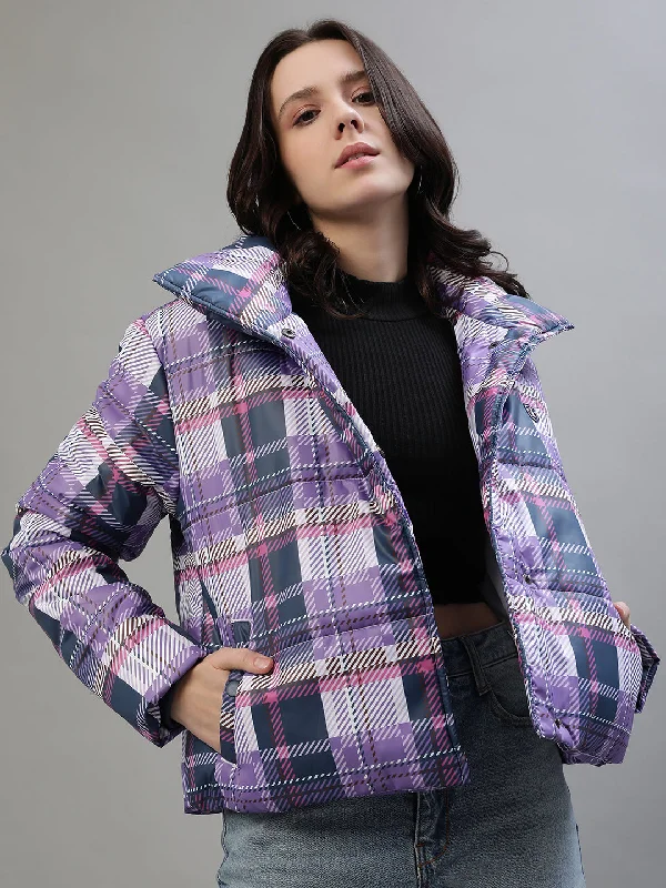 One Click Away from Big Savings!Iconic Women Multicolor Checked Stand Collar Full Sleeves Jacket