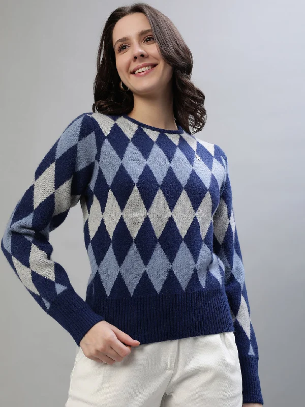 Find Your Perfect Deal Today!Iconic Women Blue Printed Round Neck Full Sleeves Sweater