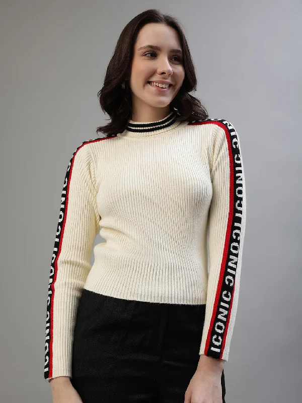 Hurry, Sale Ends Soon!Iconic Women Cream Solid Turtle Neck Full Sleeves Sweater