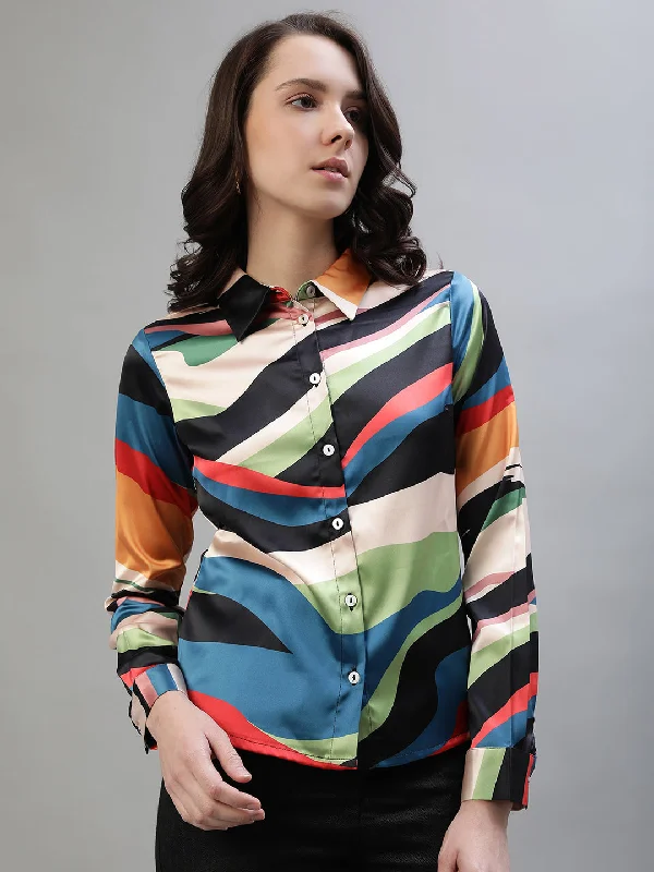Bigger Savings, Better Shopping!Iconic Women Multicolor Printed Spread Collar Full Sleeves Shirt