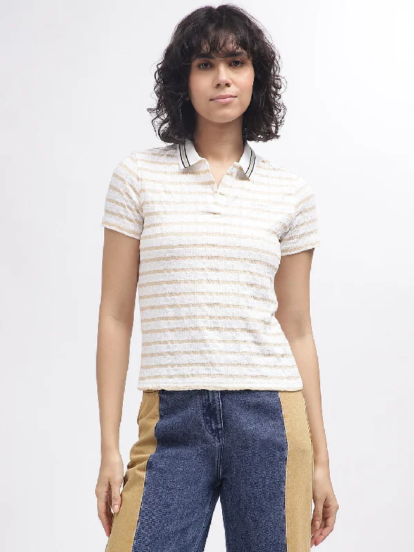 Act Fast – Limited Time Savings!Iconic Women White Striped Polo Collar Short Sleeves T-Shirt