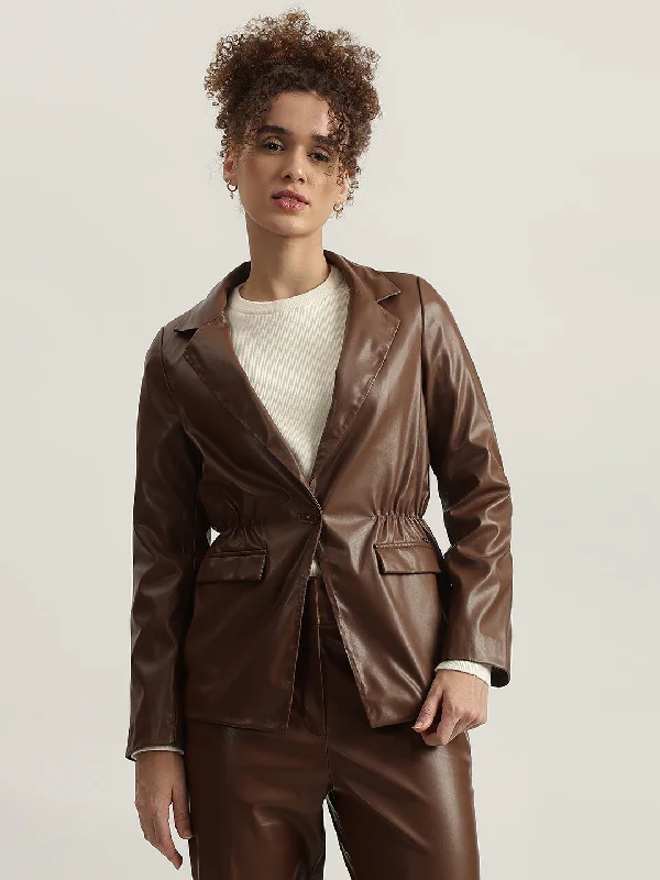 Your Exclusive Offer Awaits!Iconic Women Brown Solid Notched Collar Full Sleeves Single Breasted Blazer