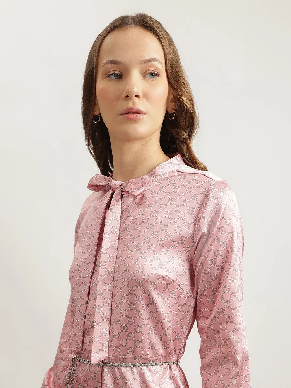 The Best Deals Won’t Wait!Iconic Women Pink Printed Tie-Up Neck Full Sleeves Shirt Dress