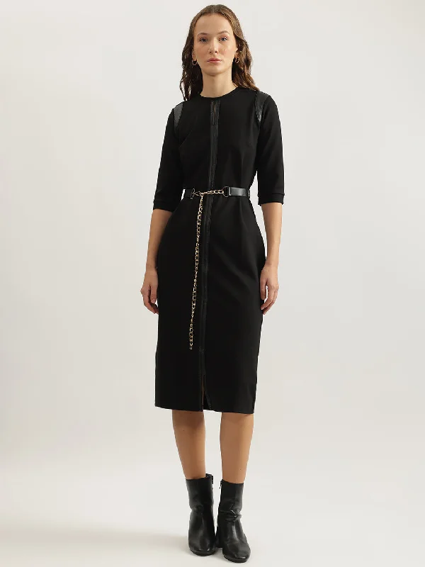 Bigger Savings, Better Shopping!Iconic Women Black Solid Round Neck Full Sleeves Bodycon Dress