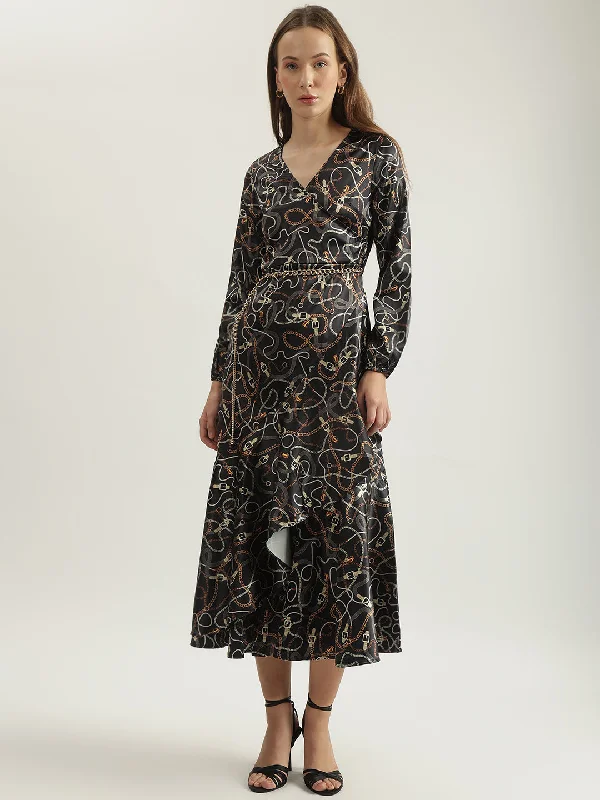 Your Discount is Waiting!Iconic Women Multi Printed V-Neck Full Sleeves Wrap Dress