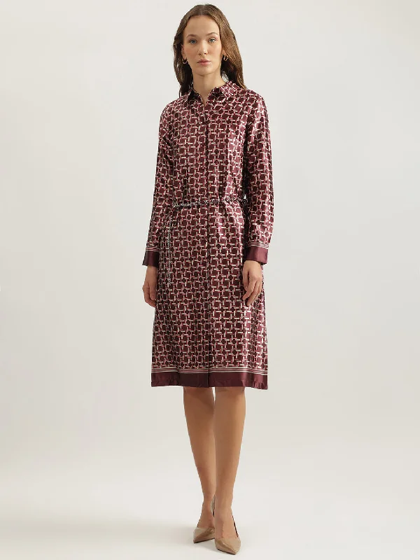 Your Best Deals Are Here!Iconic Women Wine Printed Spread Collar Full Sleeves Shirt Dress