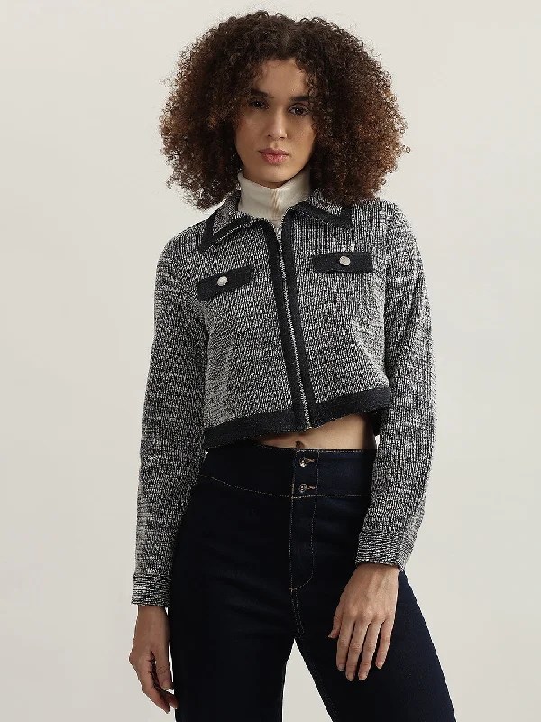 Steals and Deals Await!Iconic Women Blue Self Design Spread Collar Full Sleeves Cropped Jacket