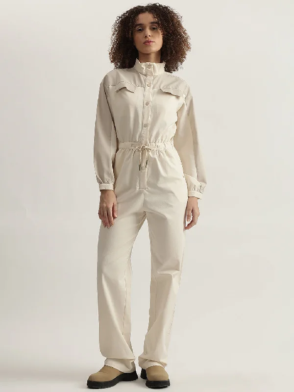 Massive Price Cuts!Iconic Women Beige Solid High Neck Full Sleeves Jumpsuit