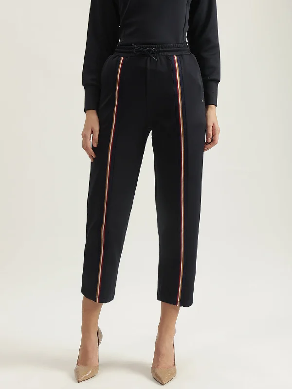 Buy More, Pay Less!Iconic Women Navy Solid Straight Fit High-Rise Flat Front Trouser