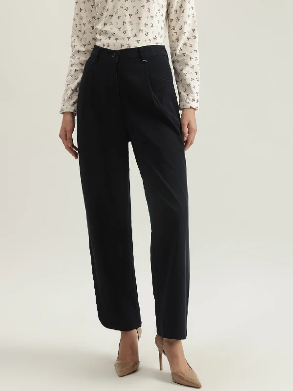 One Day Only – Huge Savings!Iconic Women Navy Solid Baggy Fit High-Rise Single-Pleated Trouser