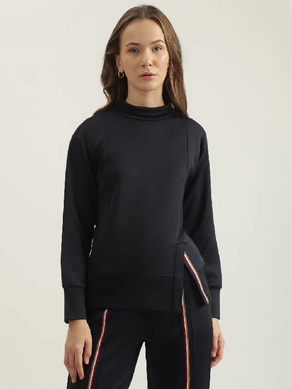 Find Your Perfect Deal Today!Iconic Women Navy Blue Solid High Neck Full Sleeves Pullover Style Sweatshirt