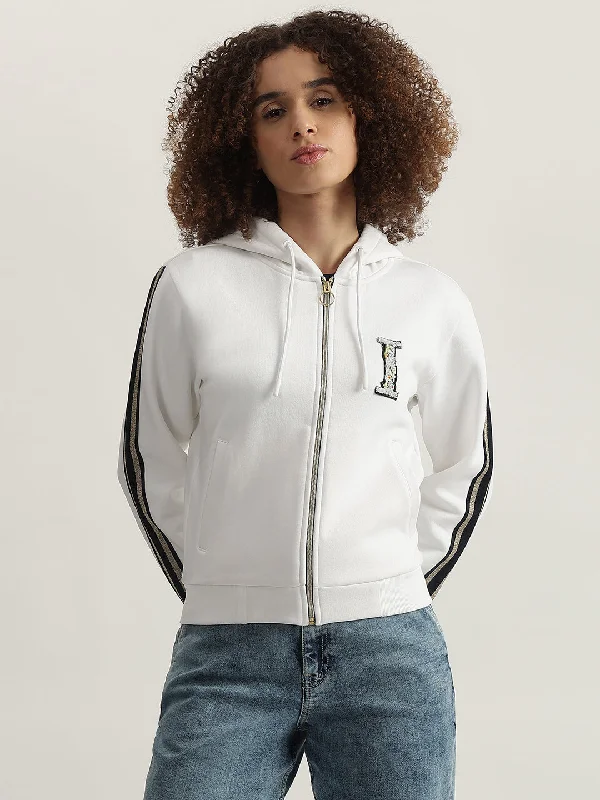 Only a Few Left – Order Now!Iconic Women White Solid Hooded Full Sleeves Zip Through Sweatshirt