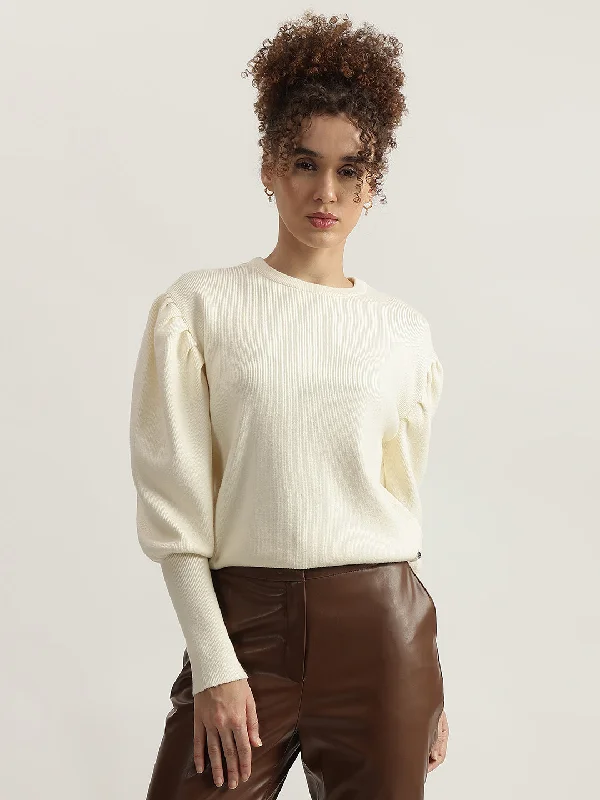 Crazy Discounts Inside!Iconic Women Cream Solid Round Neck Full Sleeves Sweater