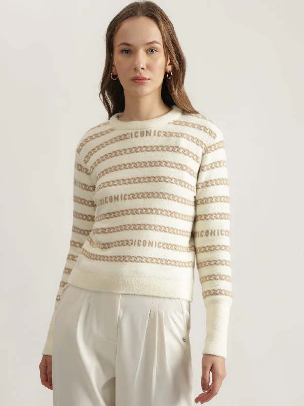 Incredible Savings Inside!Iconic Women Cream Printed Round Neck Full Sleeves Pullover Style Sweater