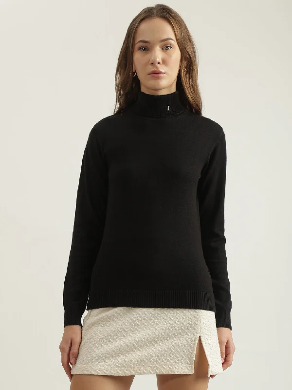 Shop Smart, Save Big!Iconic Women Black Solid Turtle Neck Full Sleeves Pullover Style Sweater