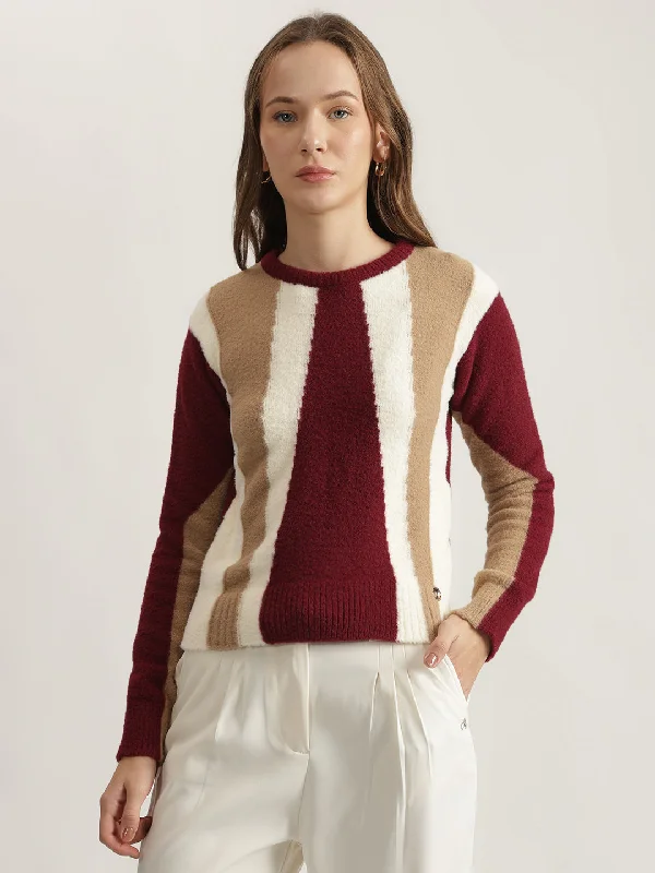 Shop Before It’s Gone!Iconic Women Multi Color-Blocked Round Neck Full Sleeves Pullover Style Sweater
