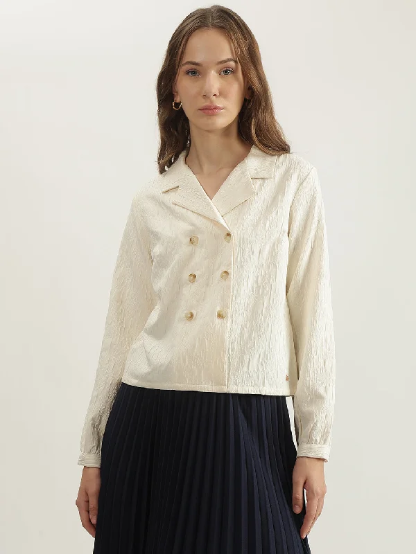 Limited Edition, Limited Price!Iconic Women Cream Solid Notched Lapel Collar Full Sleeves Double-Breasted Blazer