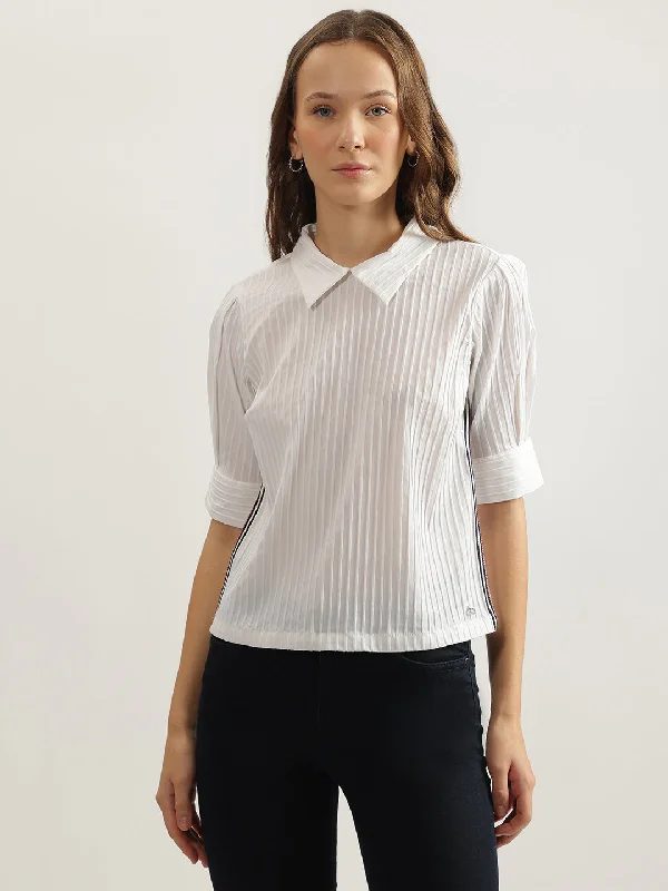 Price Drops You’ll Love!Iconic Women White Self-Design Collar Neck Short Sleeves Top