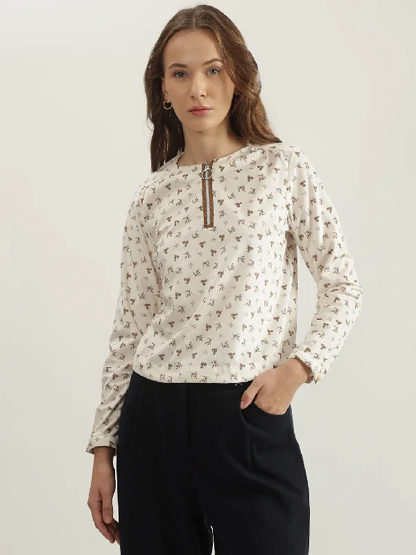 Savings You Can’t Ignore!Iconic Women Off White Printed Round Neck Full Sleeves Top