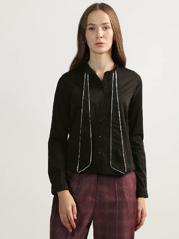 Your Favorite Sale is Back!Iconic Women Black Solid Band Collar Full Sleeves Shirt Style Top