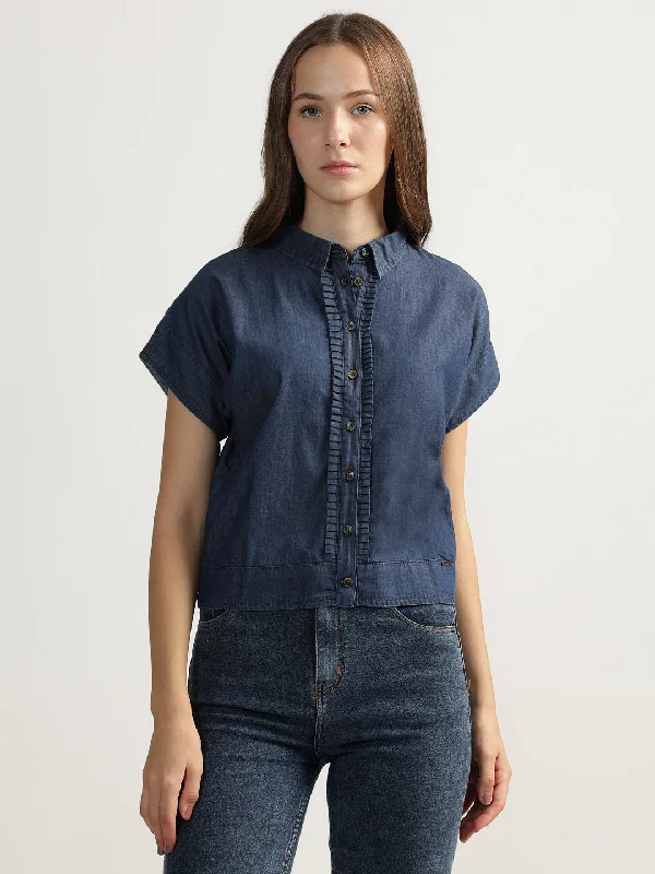 Find Your Perfect Deal Today!Iconic Women Navy Blue Solid Spread Collar Short Sleeves Shirt