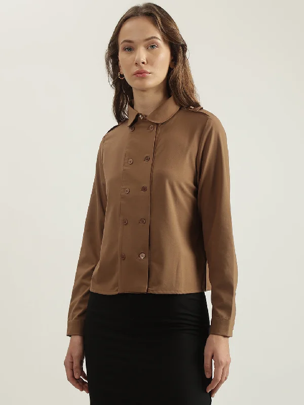 Your Exclusive Offer Awaits!Iconic Women Brown Solid Spread Collar Full Sleeves Shirt