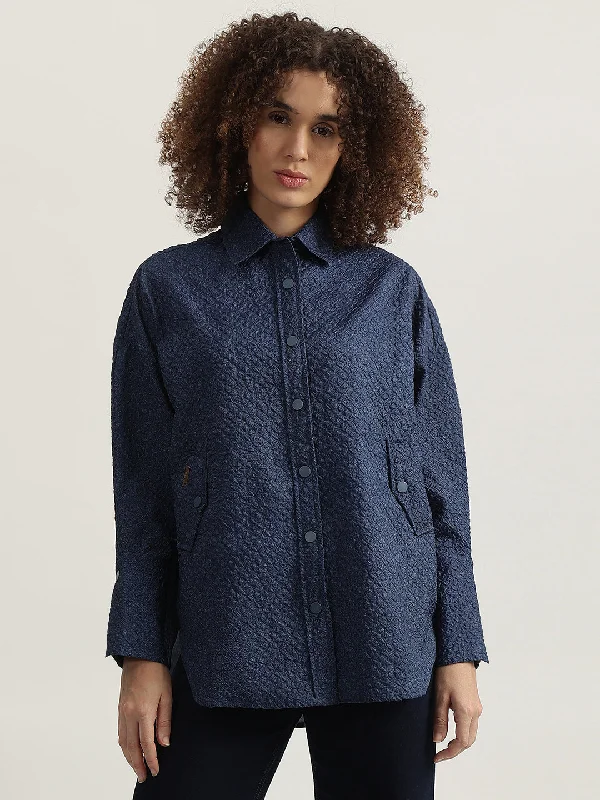 The Best Sale of the Year!Iconic Women Navy Blue Self Design Spread Collar Full Sleeves Shirt