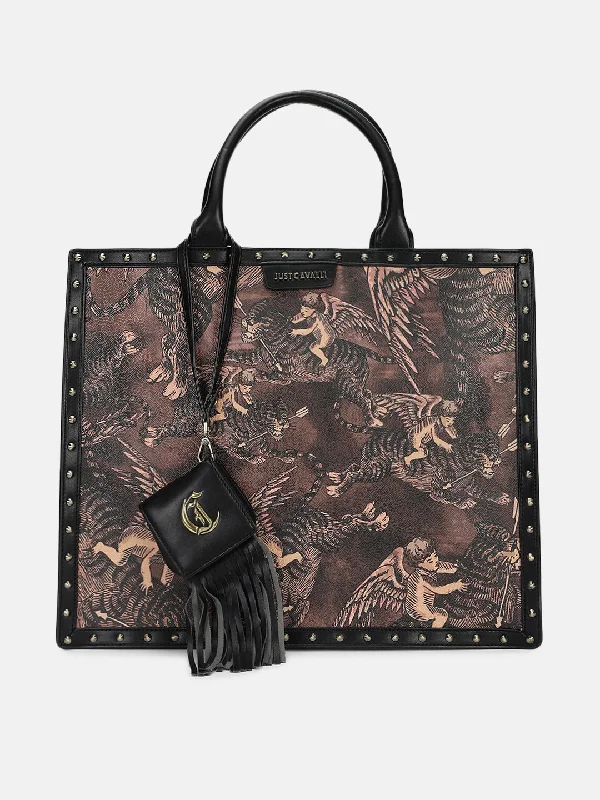 Hot Deals You Can’t Resist!Just Cavalli Women Brown Printed Tote Bag